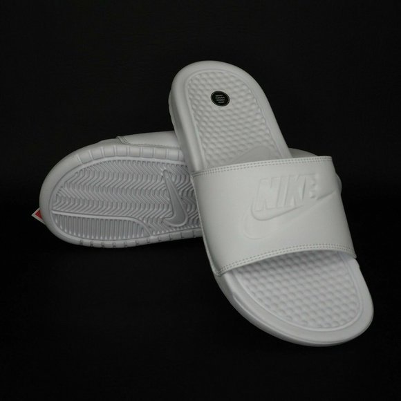 Nike Benassi JDI Women Sandals Slide All White Leather Outdoors - Picture 11 of 12